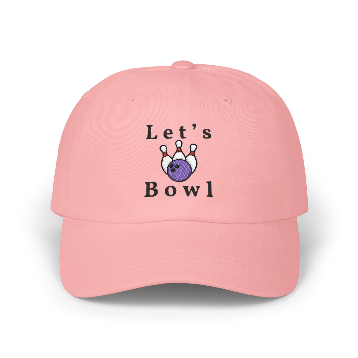 Pink embroidered classic dad cap hat with Let's Bowl text and graphic Front view