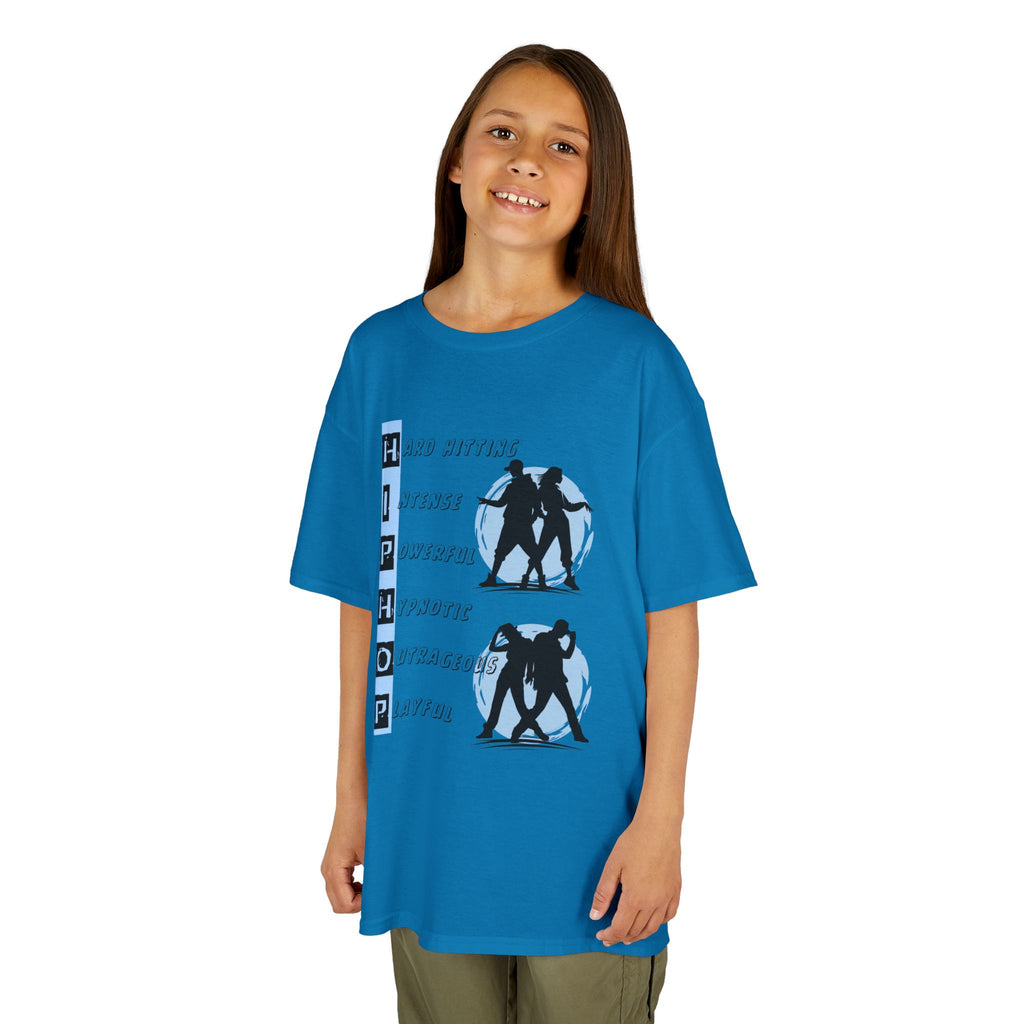 Young girl wearing a youth Gildan 5000B heavy cotton t-shirt in sapphire with dancing Hip Hop Couples