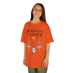 Young girl wearing a youth Gildan 5000B heavy cotton t-shirt in orange with a Deadicated to Dance Halloween theme