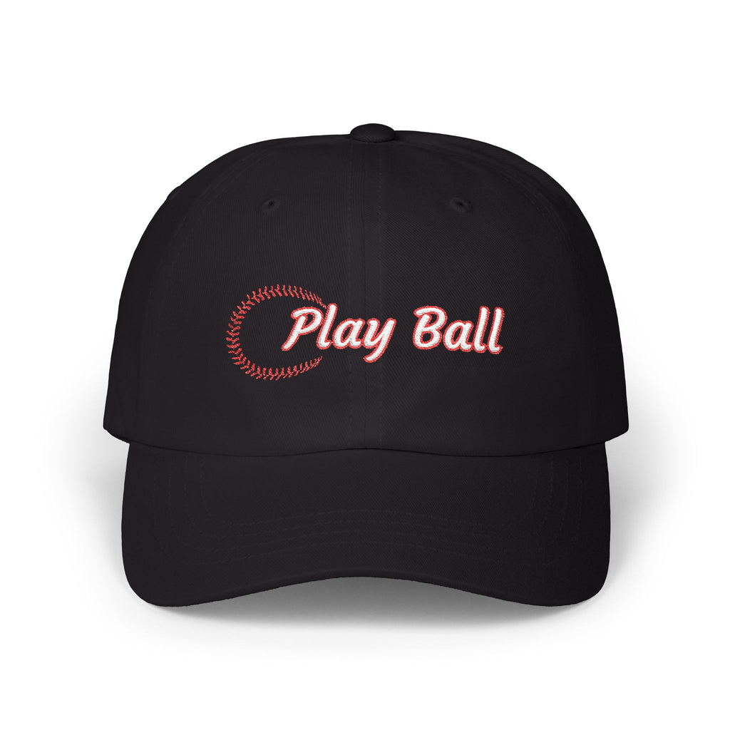 A black baseball cap featuring the words Play Ball embroidered in red on the front, with a baseball-stitch pattern.