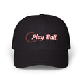 A black baseball cap featuring the words Play Ball embroidered in red on the front, with a baseball-stitch pattern.