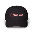 A black baseball cap featuring the words Play Ball embroidered in red on the front, with a baseball-stitch pattern.
