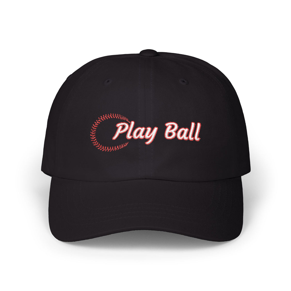 A black baseball cap featuring the words Play Ball embroidered in red on the front, with a baseball-stitch pattern.