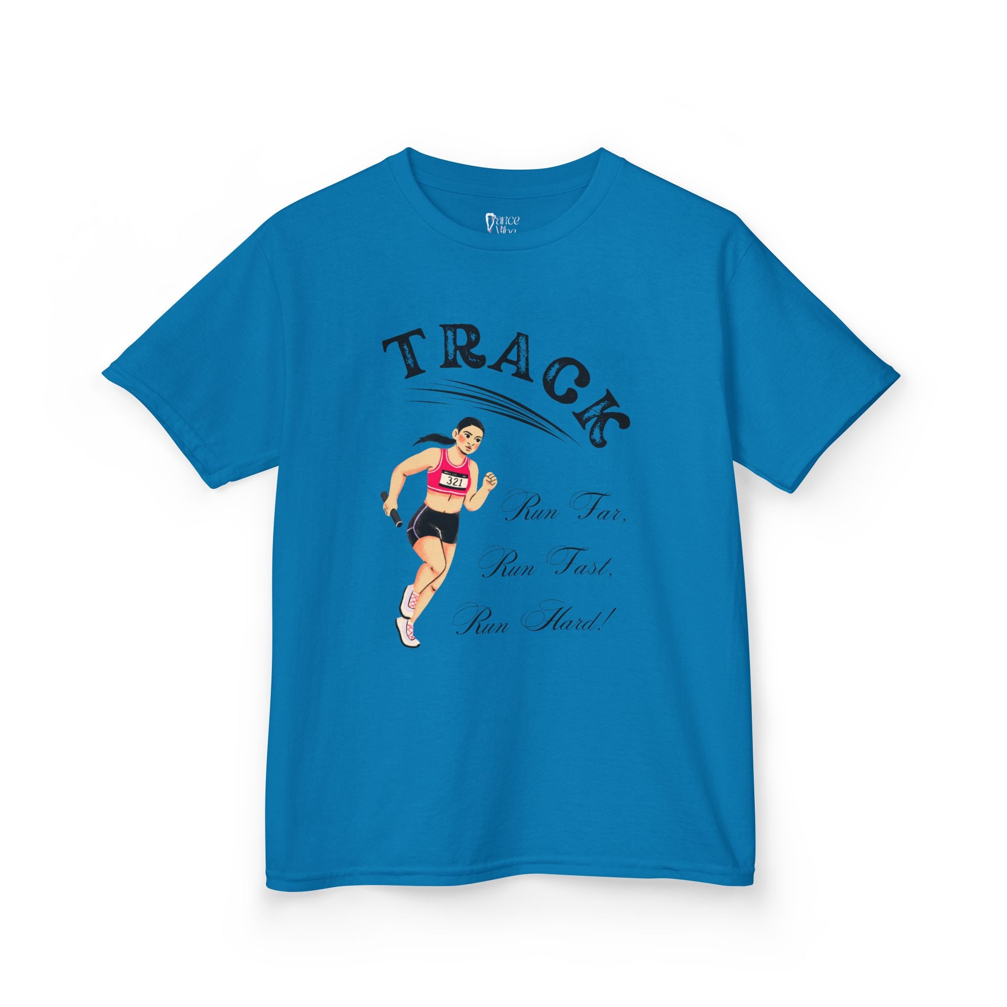 Front view of a youth Gildan 5000B heavy cotton t-shirt in sapphire showing a girl running Track