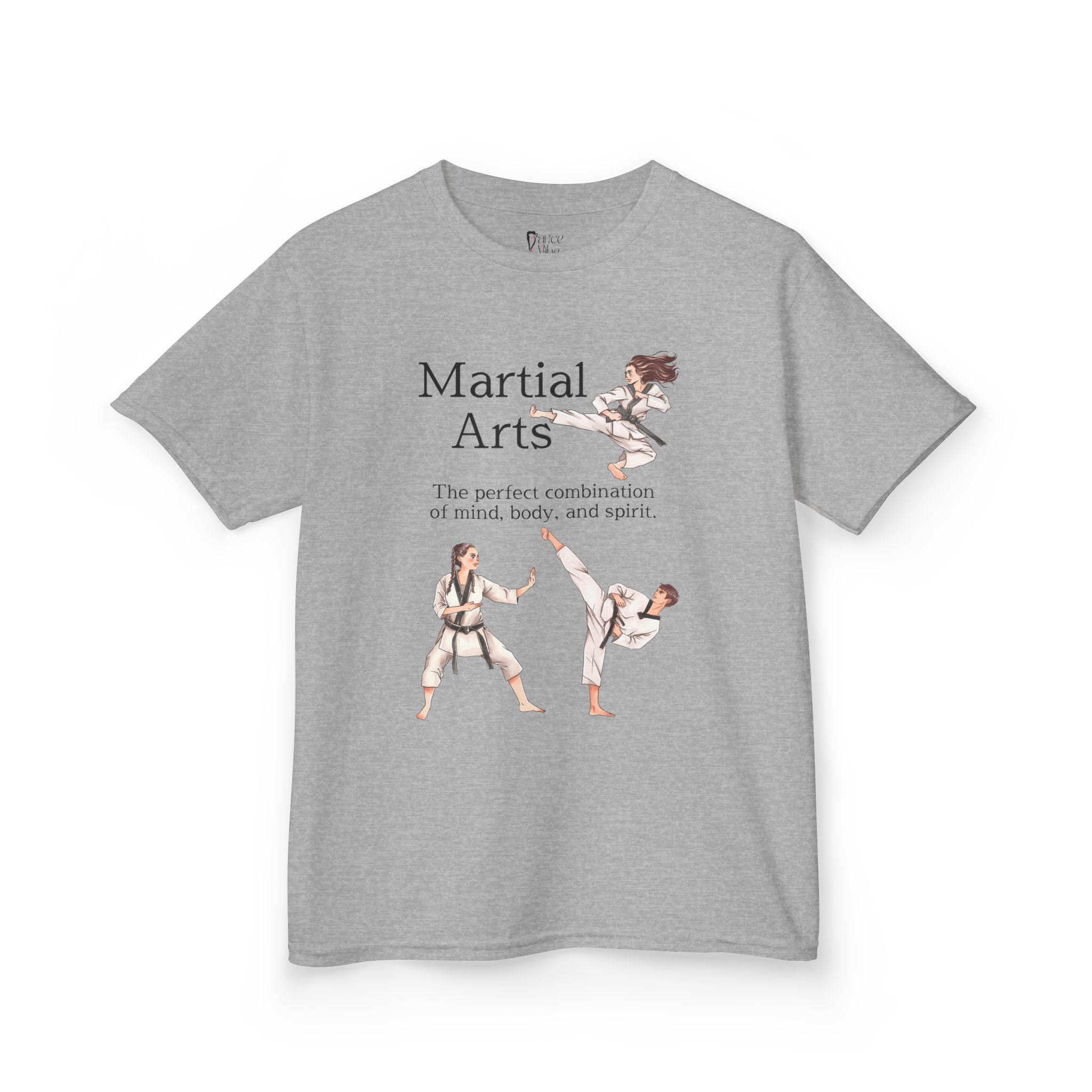 Front view of a youth Gildan 5000B heavy cotton t-shirt in sport grey with a Martial Arts text and graphic