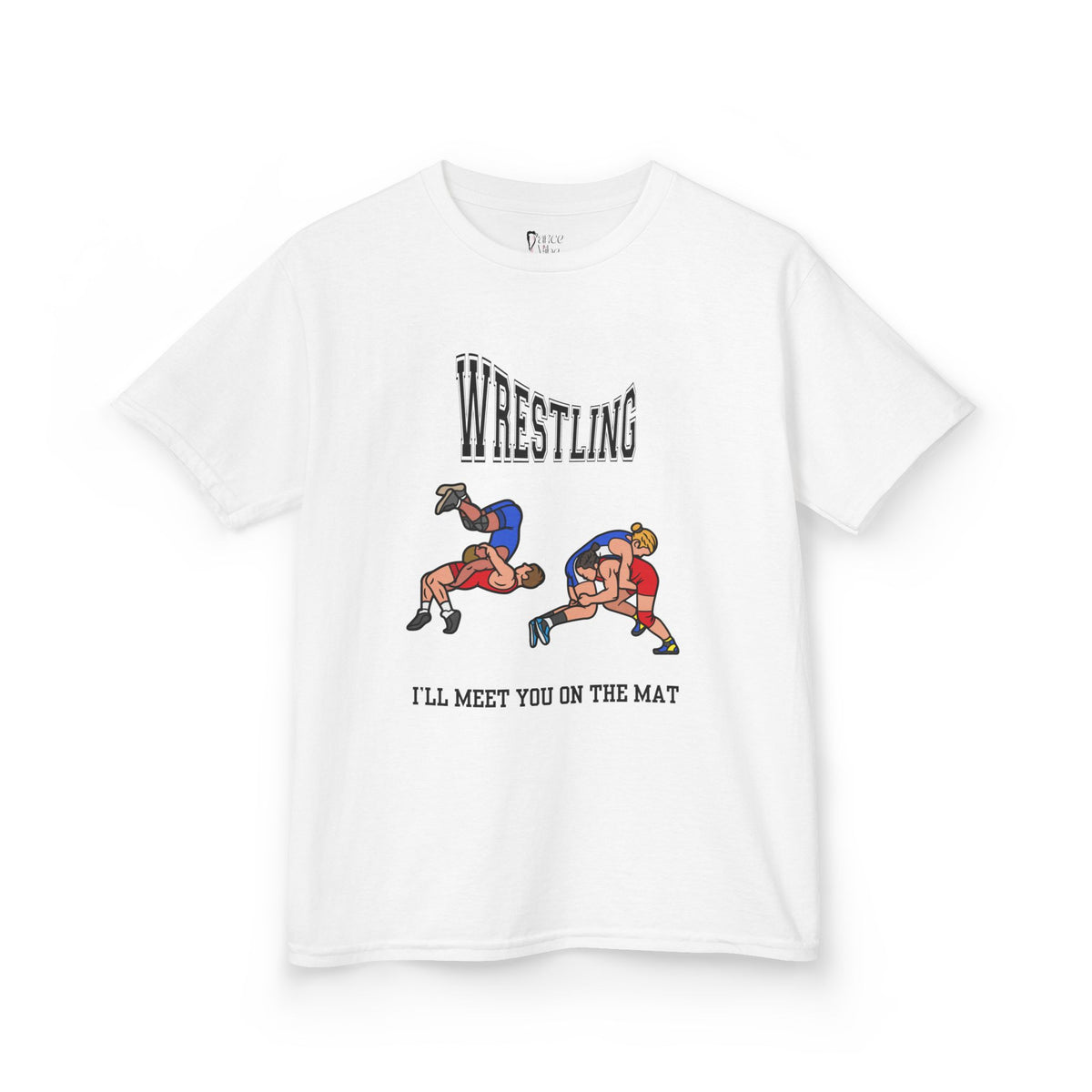 Front view of a youth Gildan 5000B heavy cotton t-shirt in white with a Wrestling text and graphic