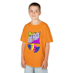 Young boy wearing a youth Gildan 5000B heavy cotton t-shirt in tennessee orange with a Musical Theater rainbow mask graphic