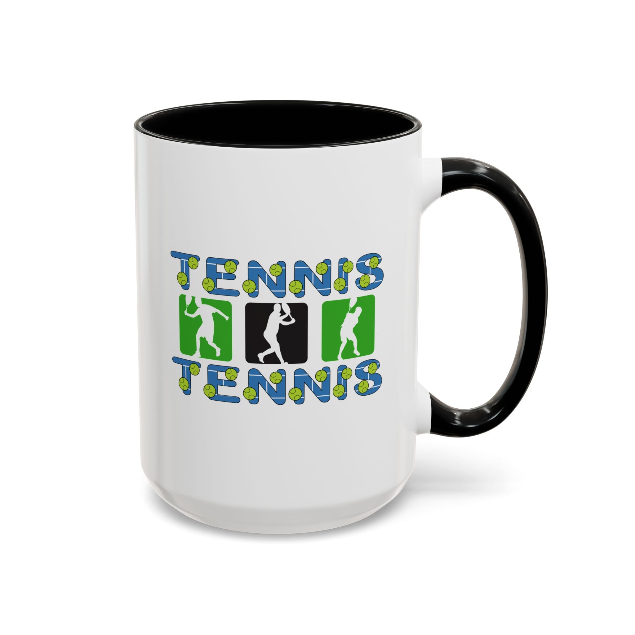 15oz white ceramic Tennis mug with black handle and interior Right handed view
