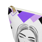 Hair Make up Let's go themed travel pouch with geometric design and face illustration on a white background close up of white zipper