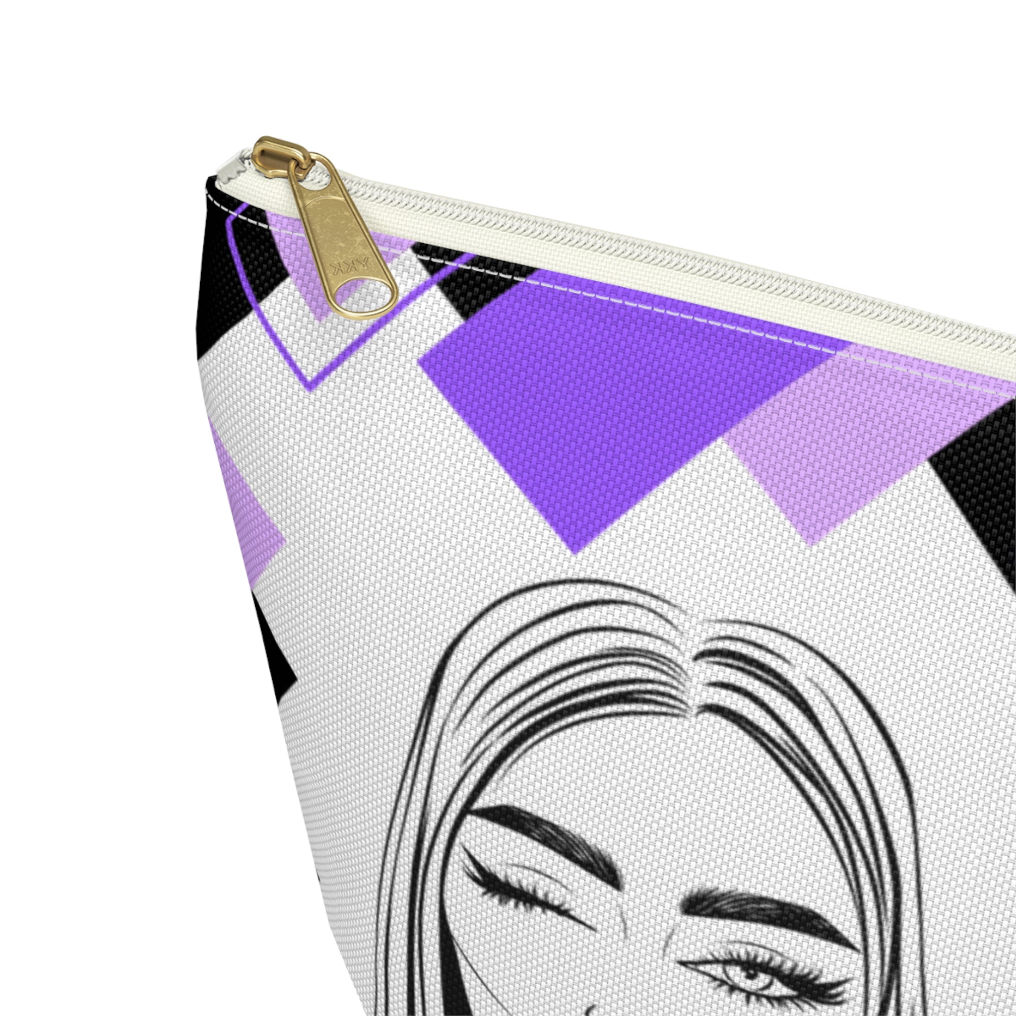 Hair Make up Let's go themed travel pouch with geometric design and face illustration on a white background close up of white zipper