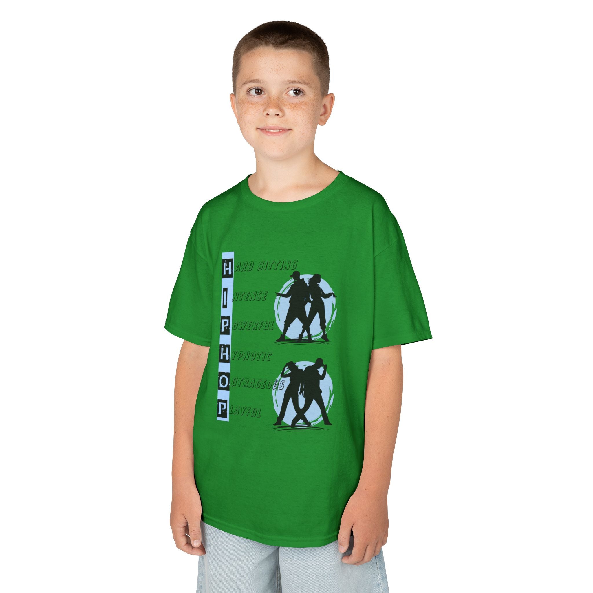Young boy wearing a youth Gildan 5000B heavy cotton t-shirt in irish green with dancing Hip Hop Couples
