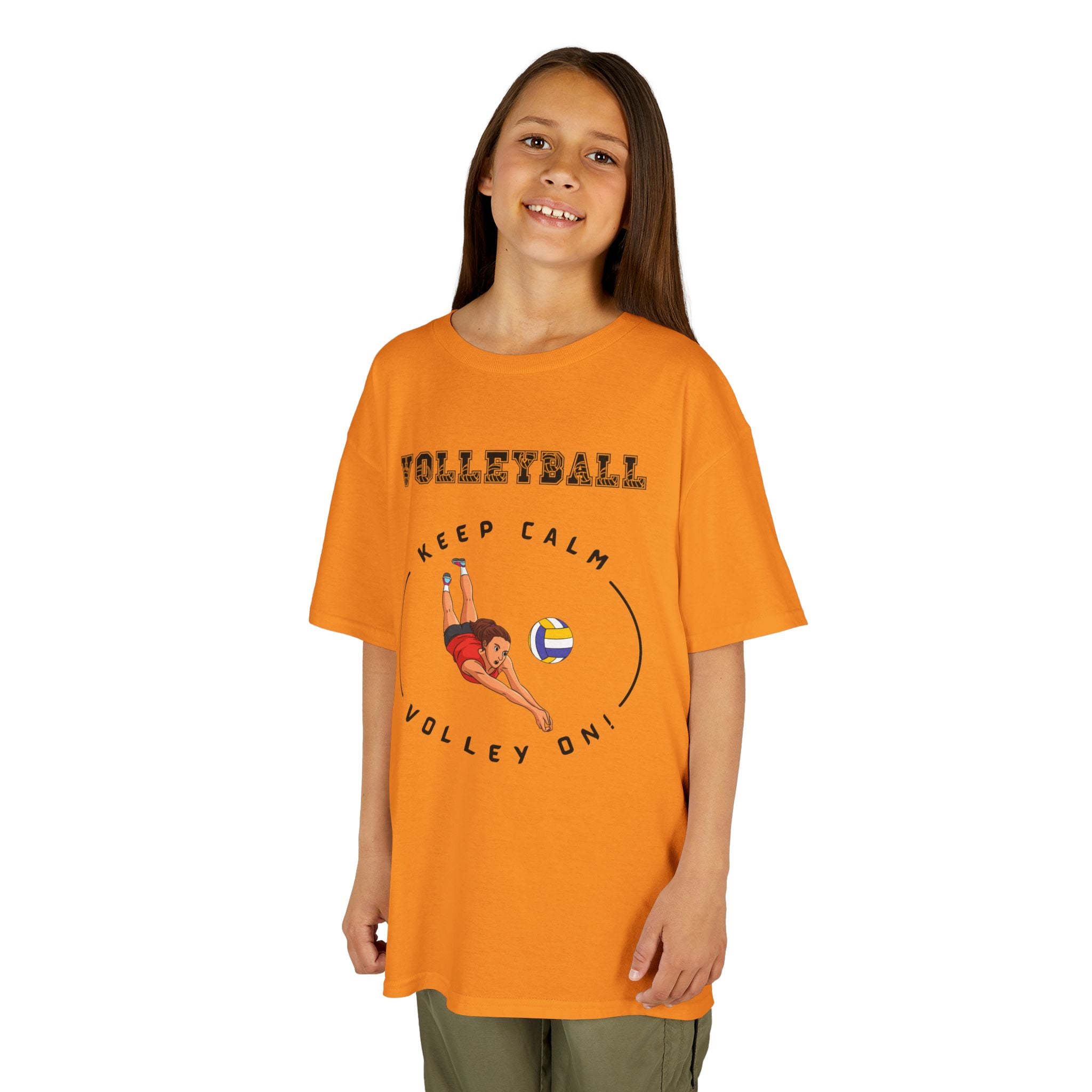 Young girl wearing a youth Gildan 5000B heavy cotton t-shirt in tennessee orange featuring a girl playing Volleyball