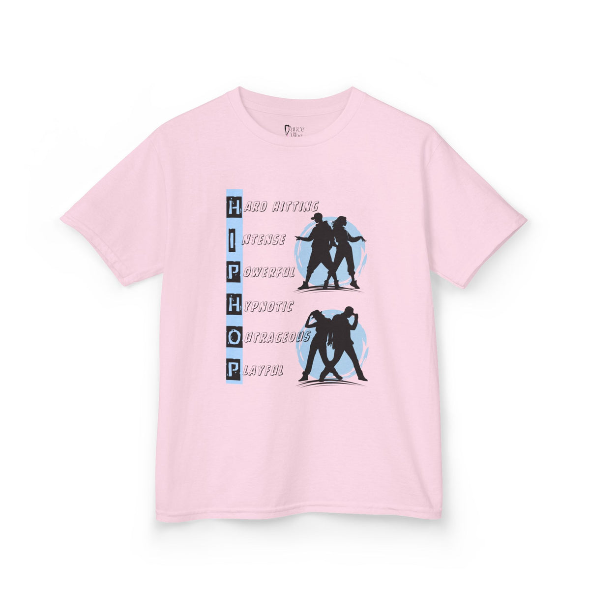 Front view of a youth Gildan 5000B heavy cotton t-shirt in light pink with dancing Hip Hop Couples