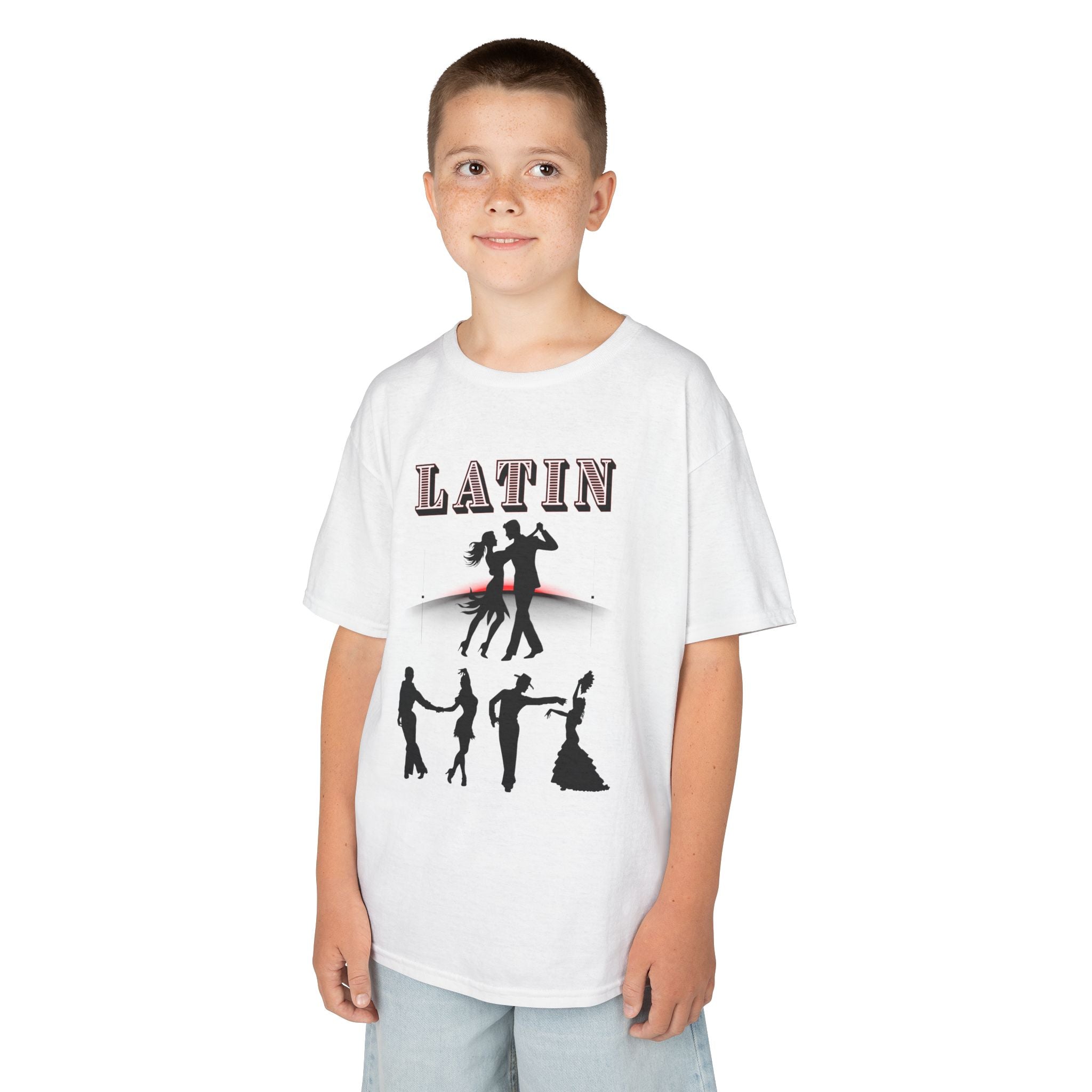 Young boy wearing a youth Gildan 5000B heavy cotton t-shirt in white with a Latin Dance Couples theme