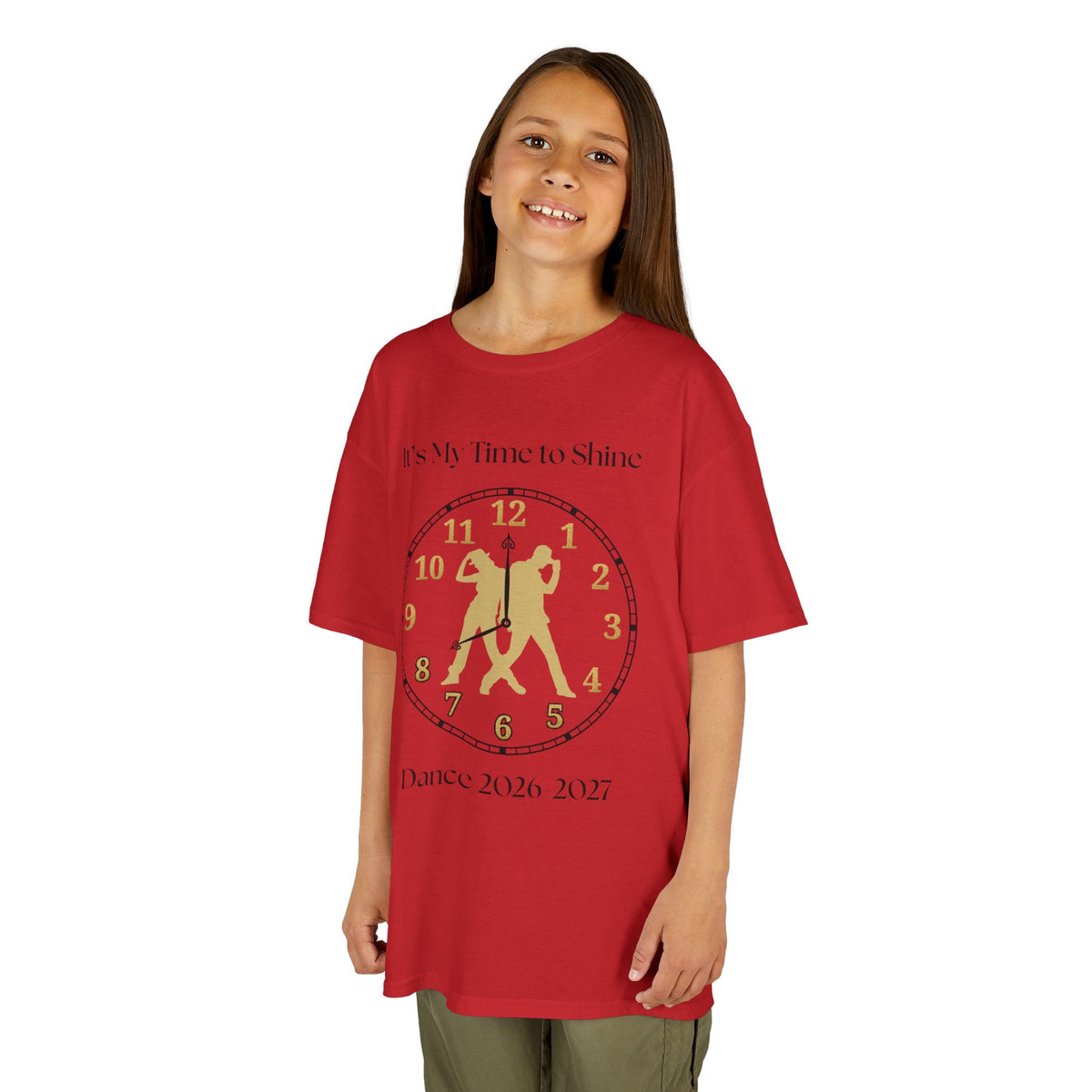 Young girl wearing a youth Gildan 5000B heavy cotton t-shirt in red with an It's My Time to Shine Hip Hop 2026-2027 theme