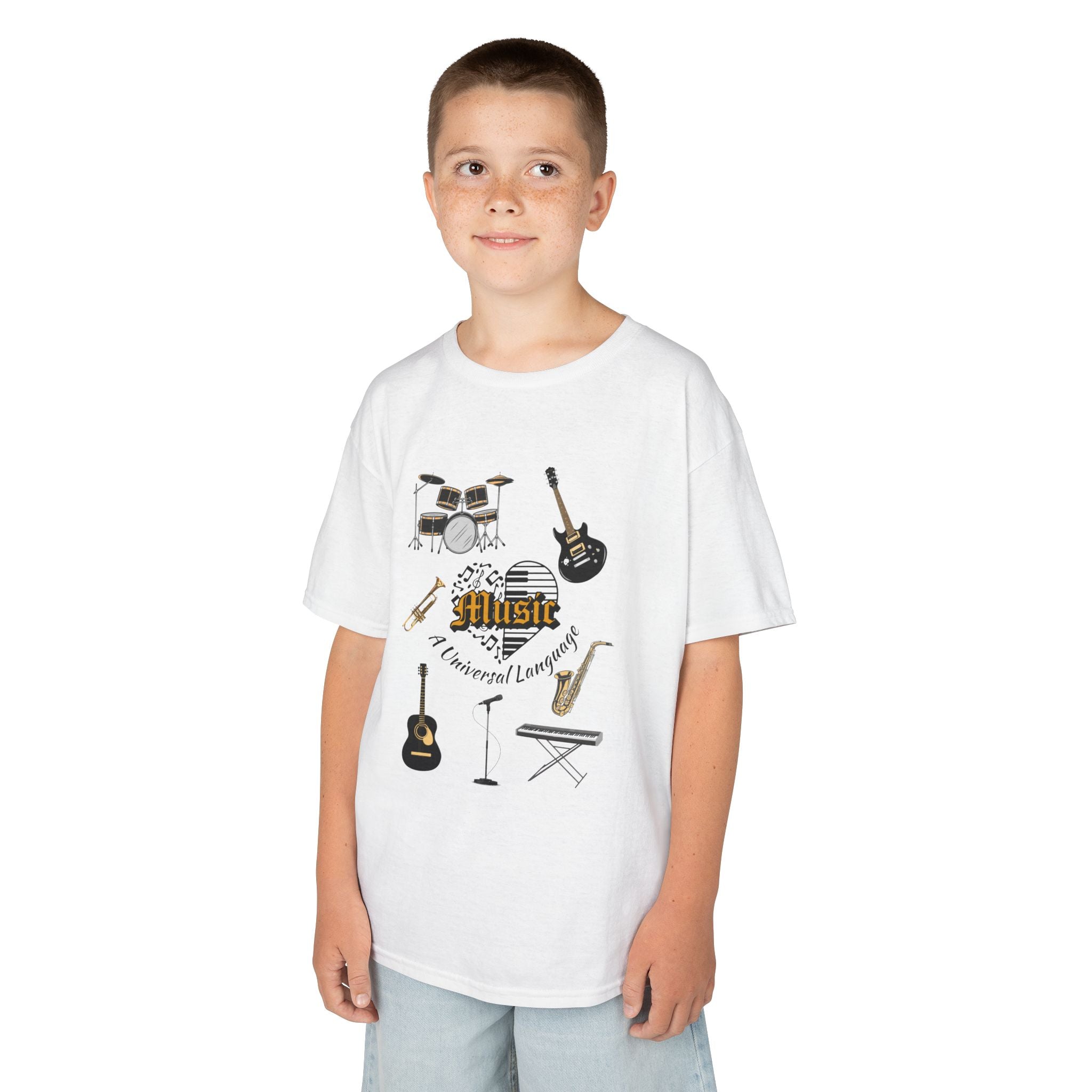 Young boy wearing a youth Gildan 5000B heavy cotton t-shirt in white with a Music A Universal Language theme