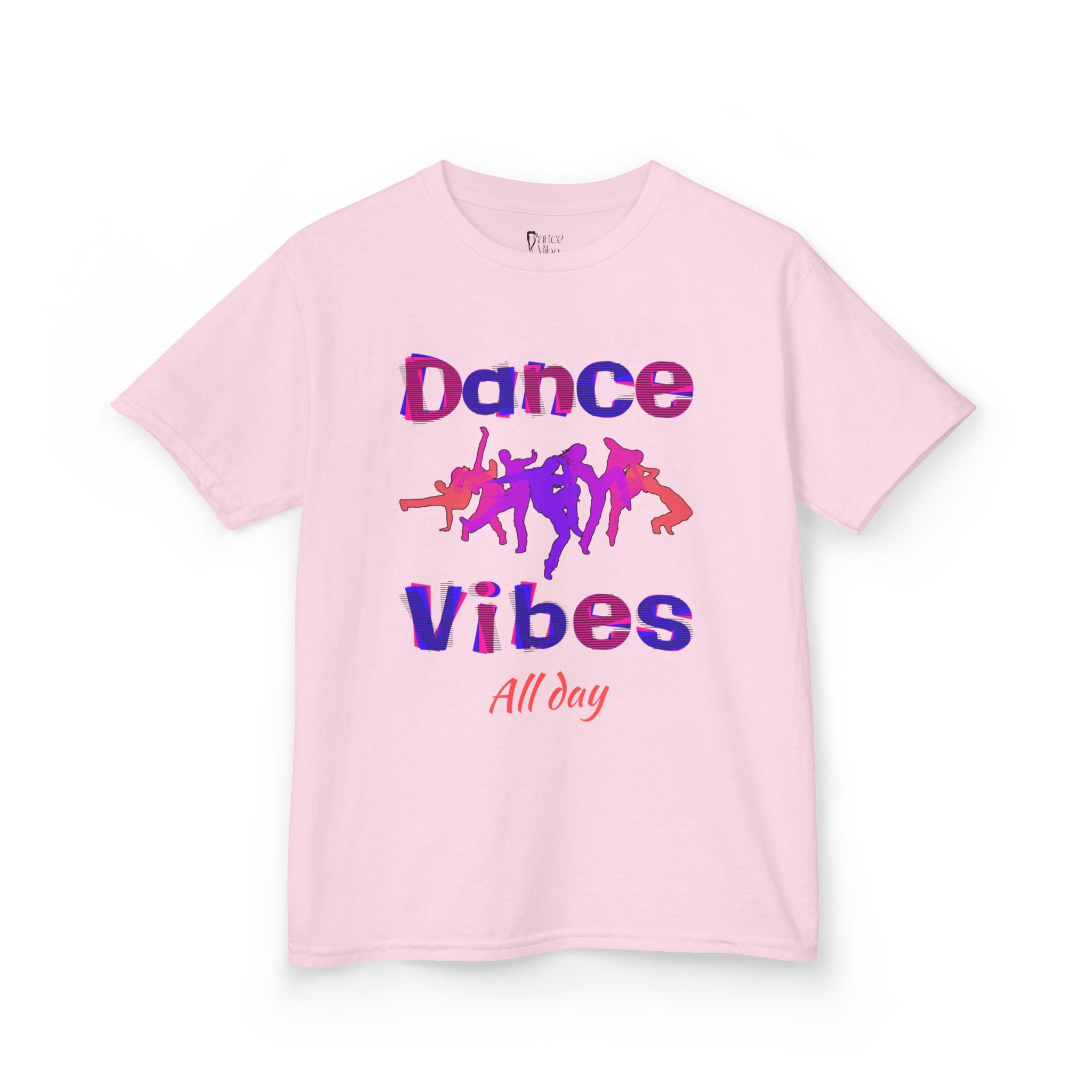 Front view of a youth Gildan 5000B heavy cotton t-shirt in light pink with a Dance Vibes All Day text and graphic