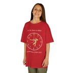 Young girl wearing a youth Gildan 5000B heavy cotton t-shirt in red with an It's My Time to Shine Gymnastics 2026-2027 theme