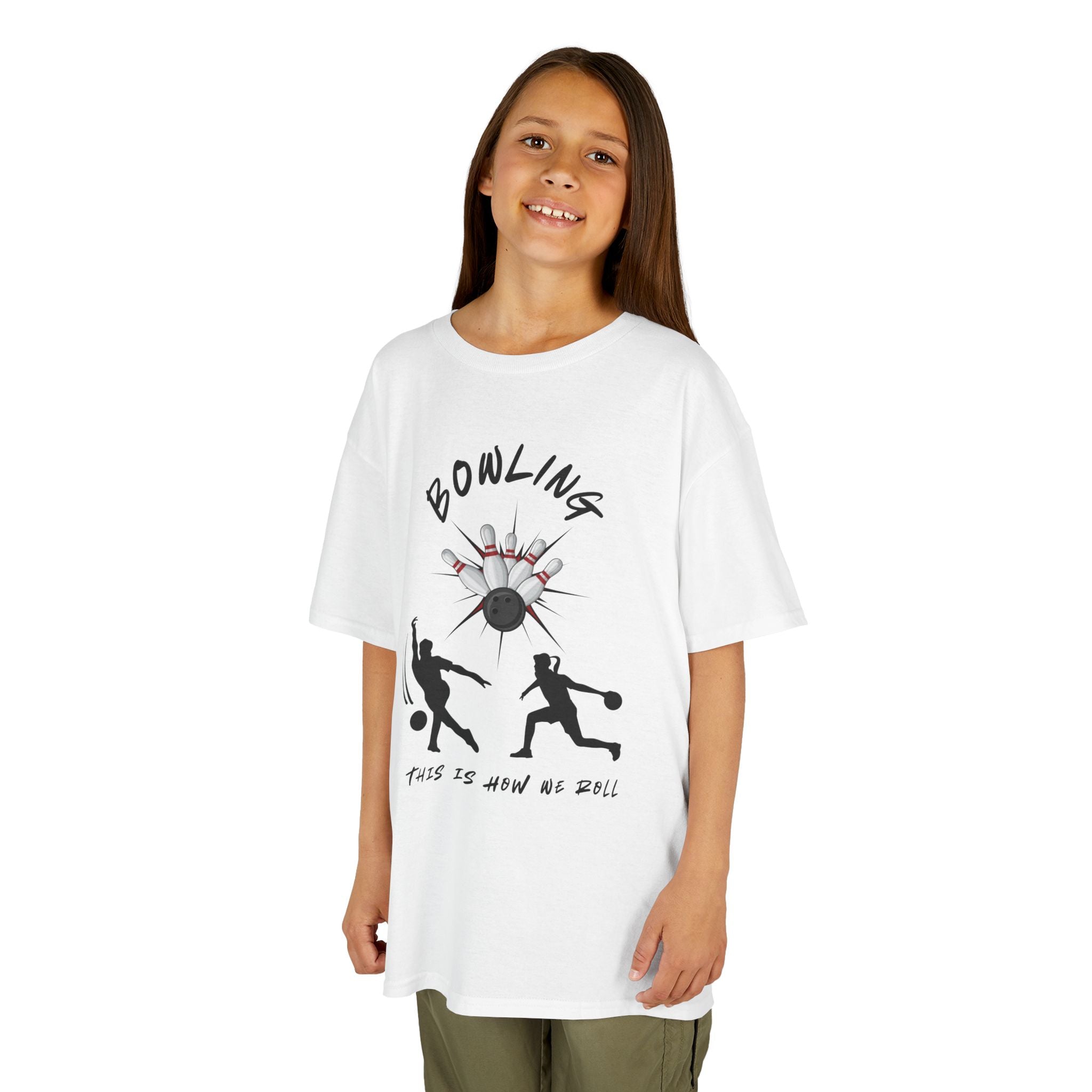 Young girl wearing a youth Gildan 5000B heavy cotton t-shirt in white with a Bowling text and graphic