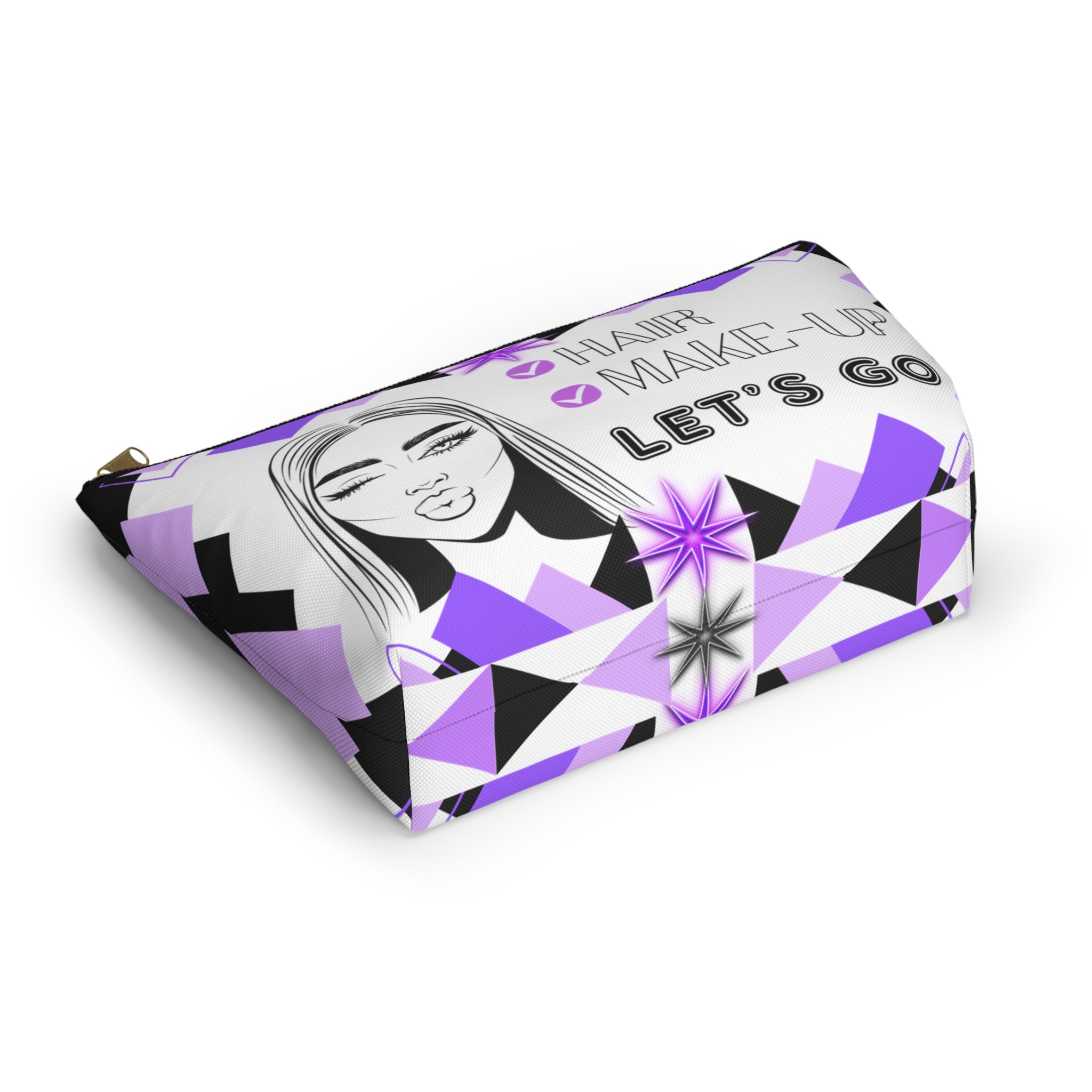 Hair Make up Let's go themed travel pouch with geometric design and face illustration on a white background bottom view