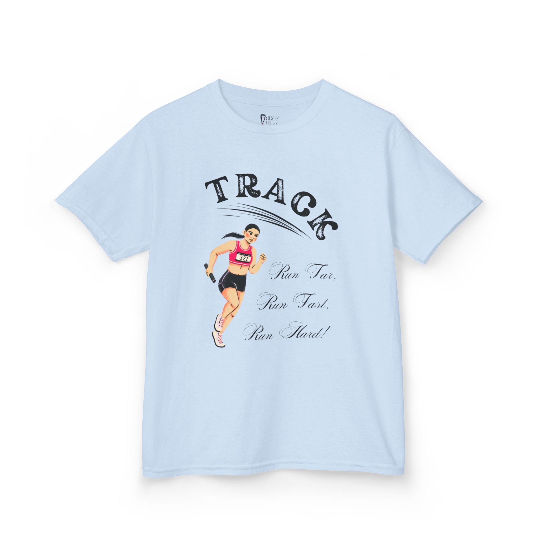 Front view of a youth Gildan 5000B heavy cotton t-shirt in light blue showing a girl running Track