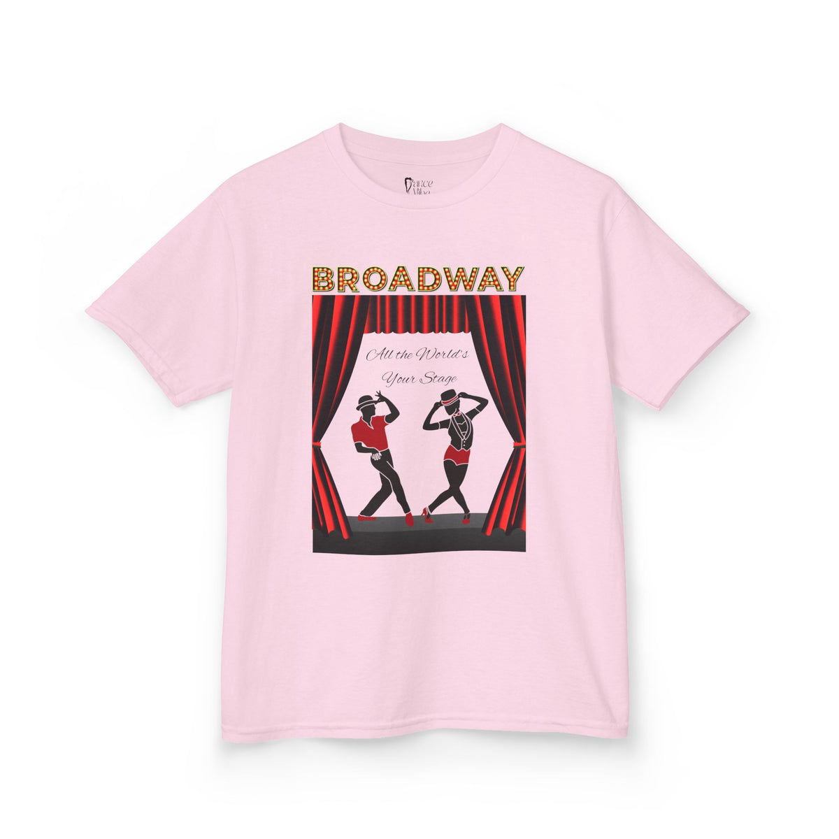 Front view of a youth Gildan 5000B heavy cotton t-shirt in pink with a Broadway text and graphic