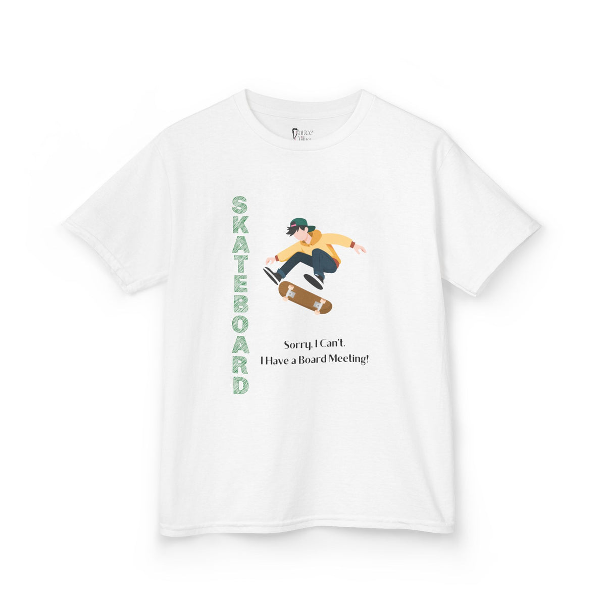 Front view of a youth Gildan 5000B heavy cotton t-shirt in white featuring a boy Skateboarding