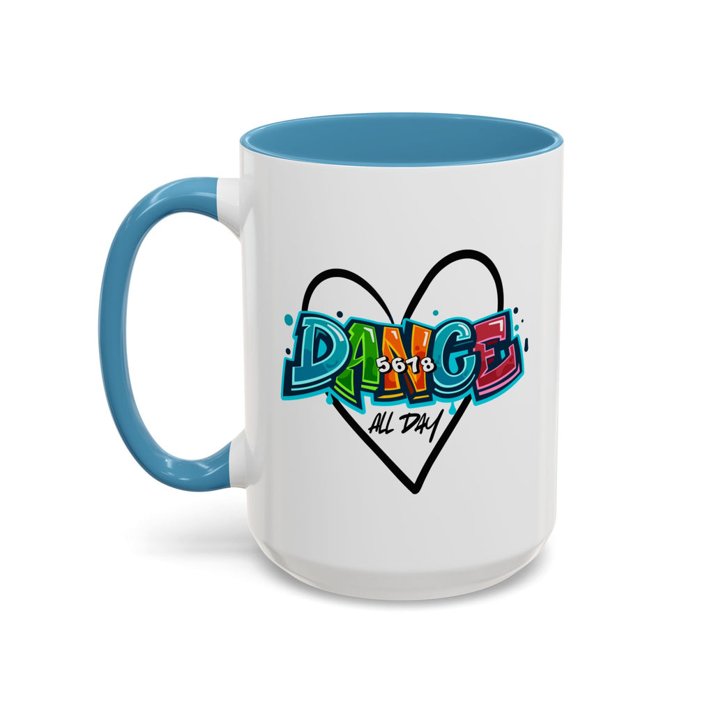15oz white ceramic Dance All Day mug with light blue handle and interior Left handed view