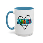15oz white ceramic Dance All Day mug with light blue handle and interior Left handed view