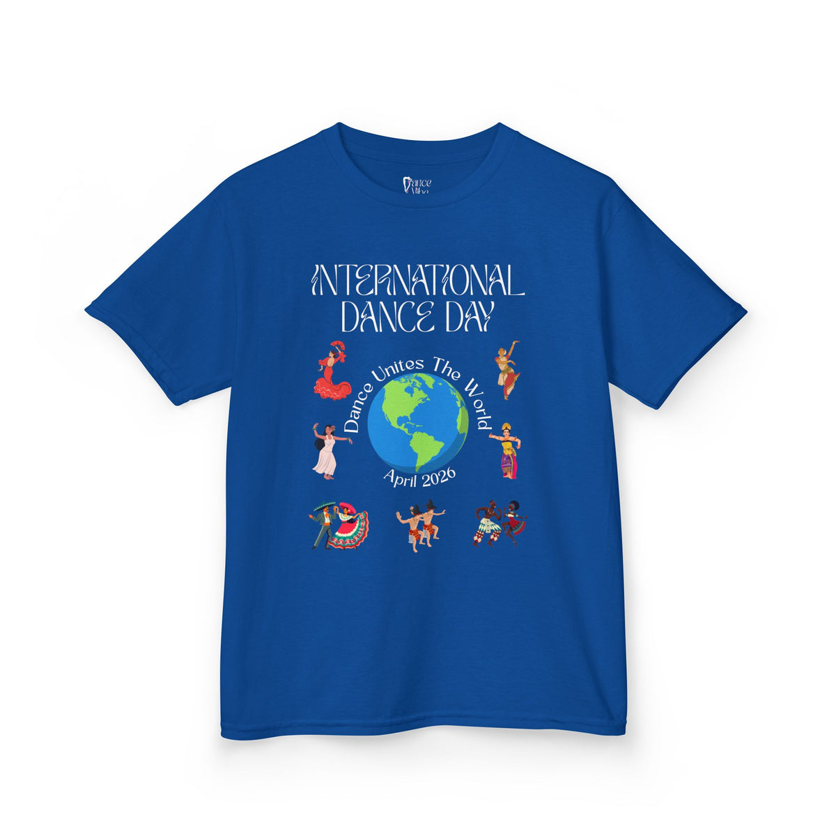Front view of a youth Gildan 5000B heavy cotton t-shirt in royal with an International Dance Day theme 