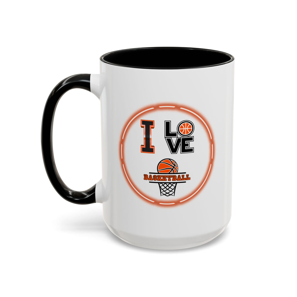 15oz white ceramic I Love Basketball mug with black handle and interior Left handed view
