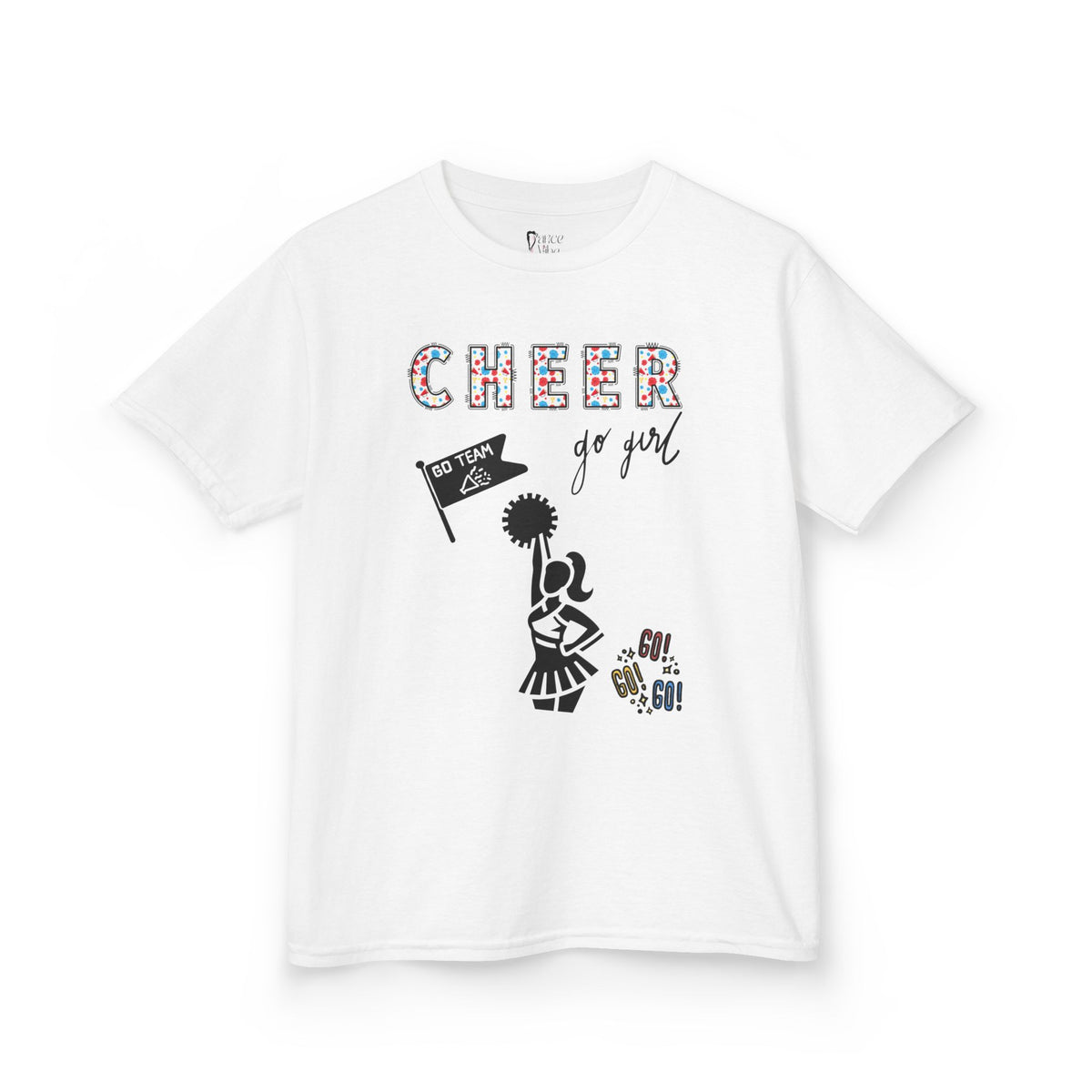 Front view of a youth Gildan 5000B heavy cotton t-shirt in white with a Cheerleader theme