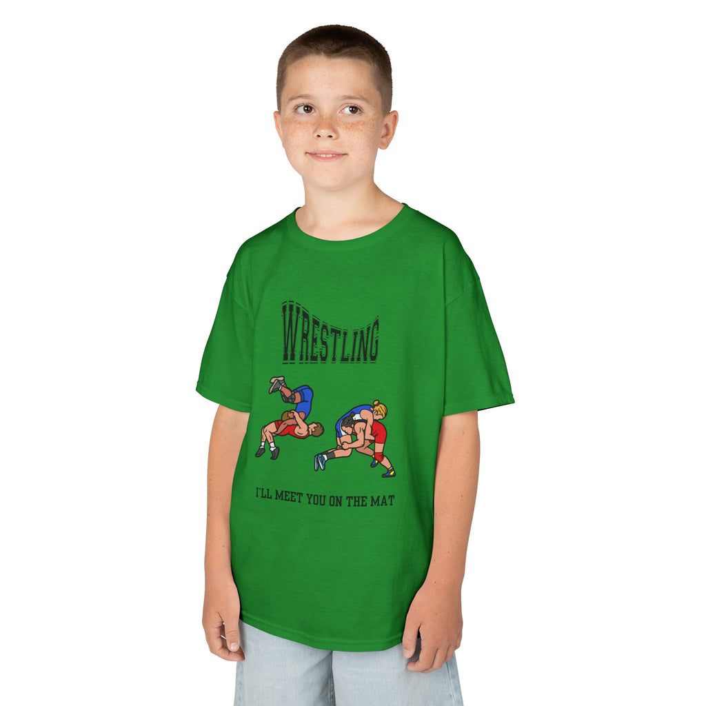 Young boy wearing a youth Gildan 5000B heavy cotton t-shirt in irish green with a Wrestling text and graphic