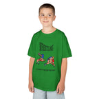 Young boy wearing a youth Gildan 5000B heavy cotton t-shirt in irish green with a Wrestling text and graphic
