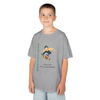Young boy wearing a youth Gildan 5000B heavy cotton t-shirt in sport grey featuring a boy Skateboarding