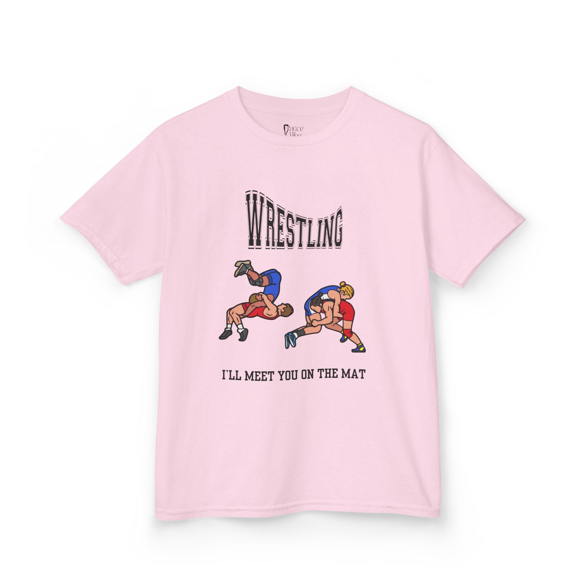 Front view of a youth Gildan 5000B heavy cotton t-shirt in light pink with a Wrestling text and graphic
