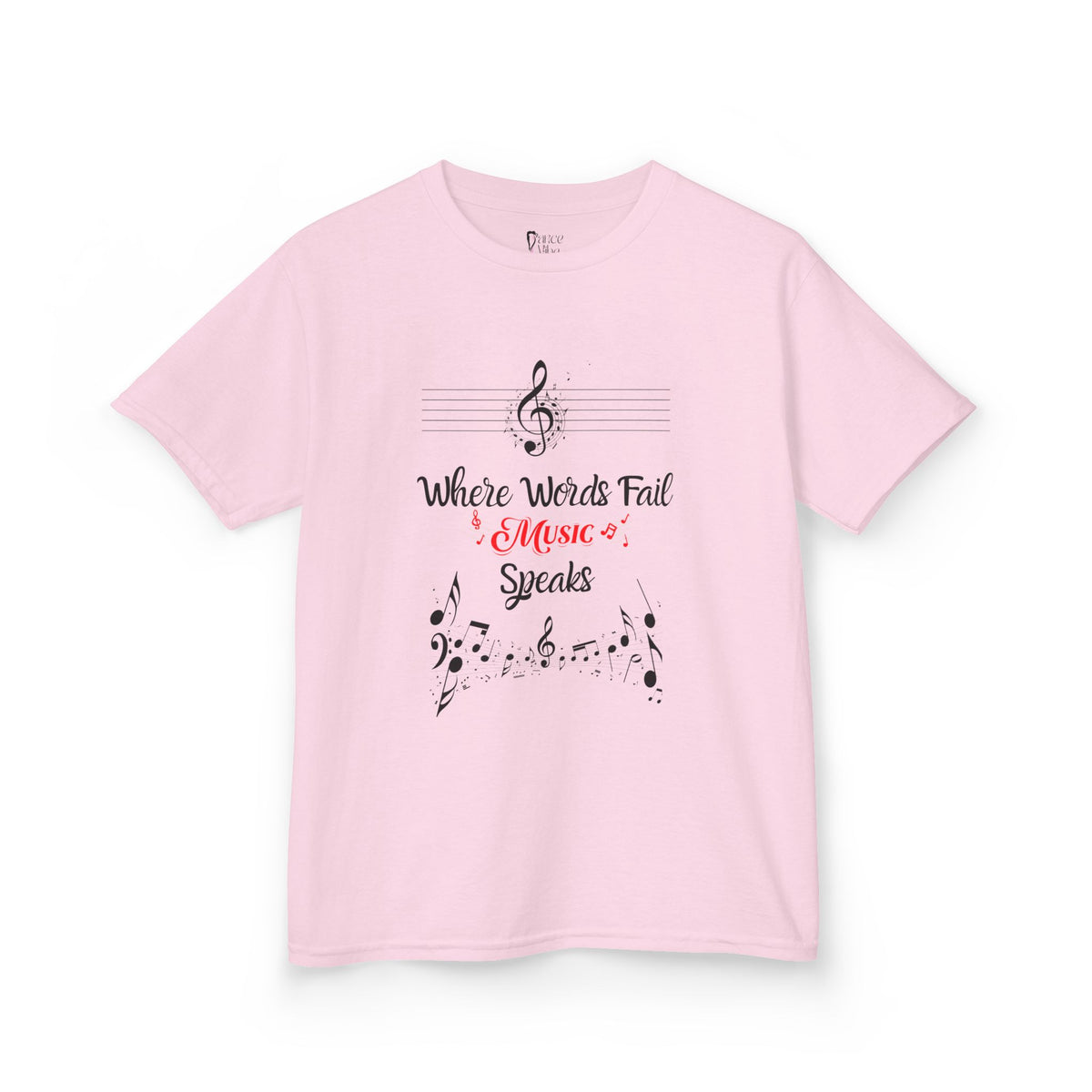 Front view of a youth Gildan 5000B heavy cotton t-shirt in light pink with a Where Words Fail Music Speaks text and graphic