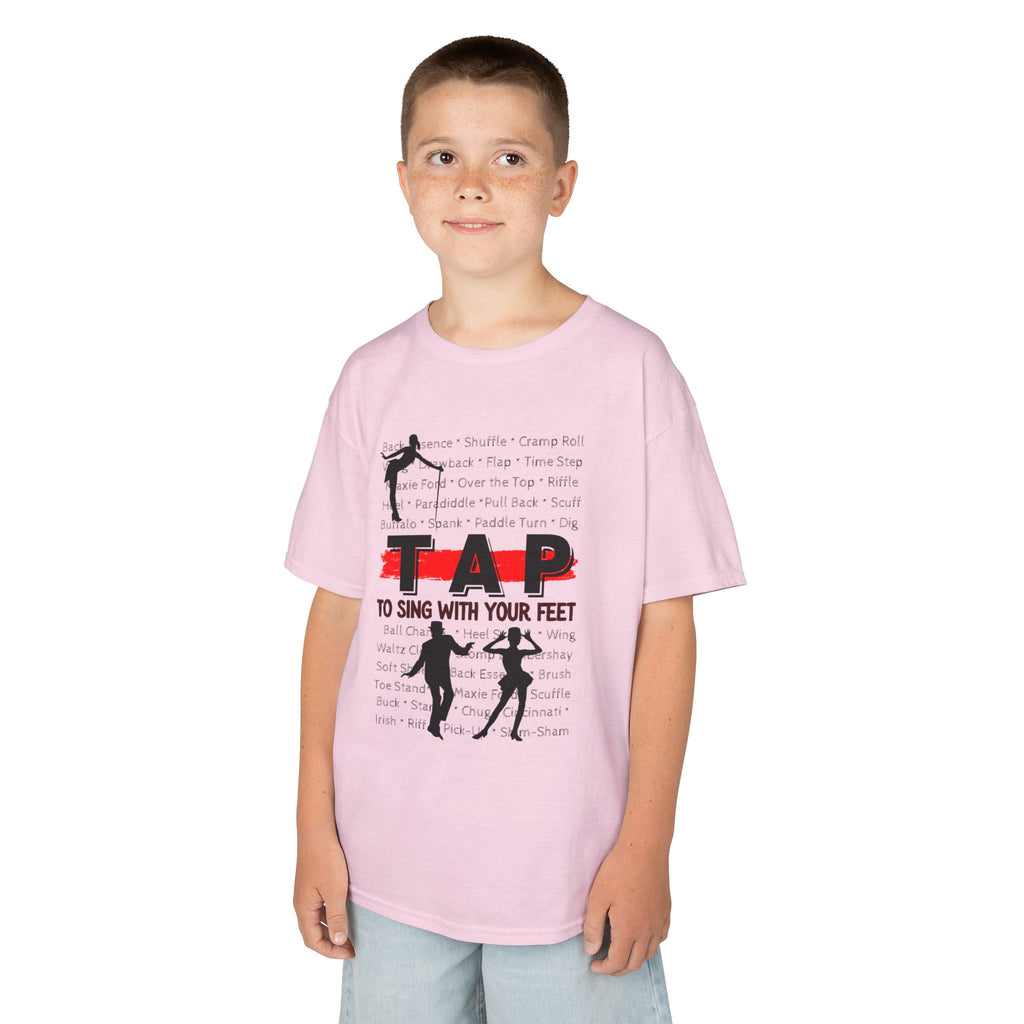 Young boy wearing a youth Gildan 5000B heavy cotton t-shirt in light pink with a Tap text and design