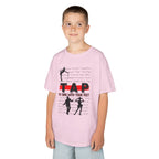 Young boy wearing a youth Gildan 5000B heavy cotton t-shirt in light pink with a Tap text and design