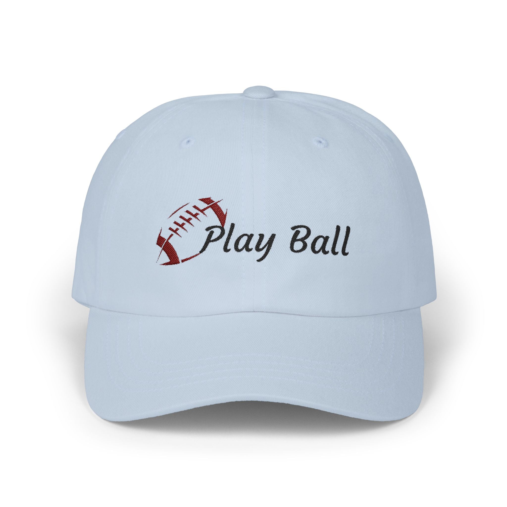 Light blue embroidered classic dad cap hat with Play Ball text and football graphic Front view