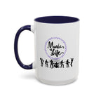 15oz white ceramic Music is Life mug with navy handle and interior Left handed view
