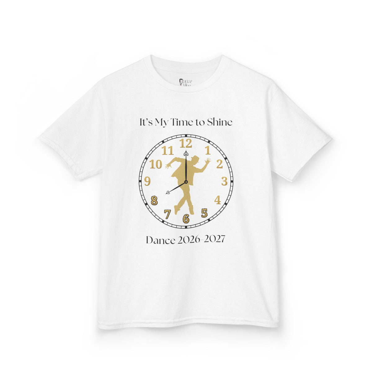 Front view of a youth Gildan 5000B heavy cotton t-shirt in white with a Male Broadway Dancer 2026-2027 design