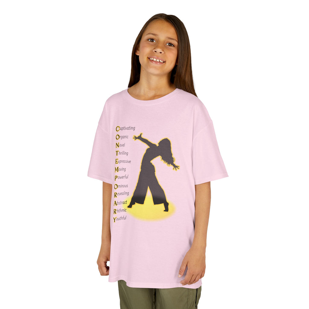 Young girl wearing a youth Gildan 5000B heavy cotton t-shirt in light pink with a Contemporary Dance text and graphic