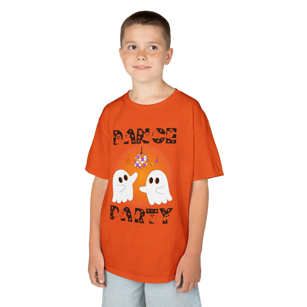 Young boy wearing a youth Gildan 5000B heavy cotton t-shirt in orange with a Halloween Dance Party theme