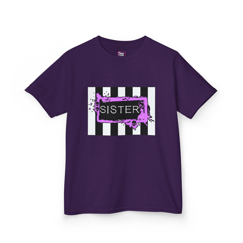 A Beetlejuice inspired Halloween Sister  t-shirt in purple.
