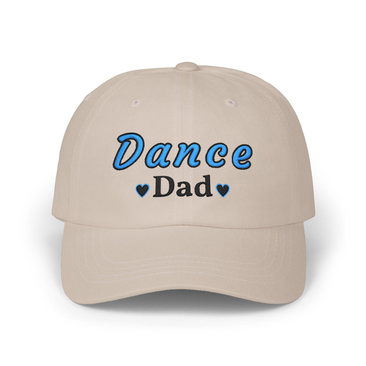 A stone baseball cap with Dance Dad embroidered on the front.