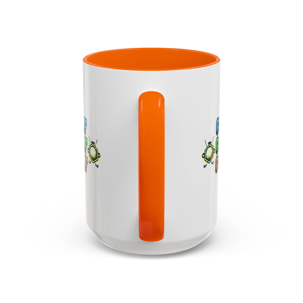 15oz white ceramic Golf mug with orange handle and interior Handle view