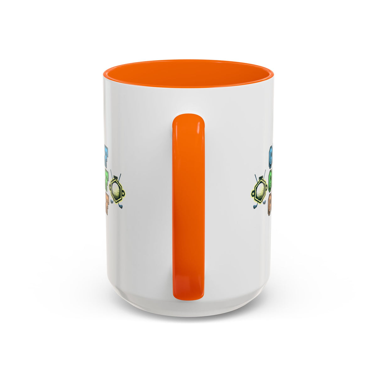 15oz white ceramic Golf mug with orange handle and interior Handle view