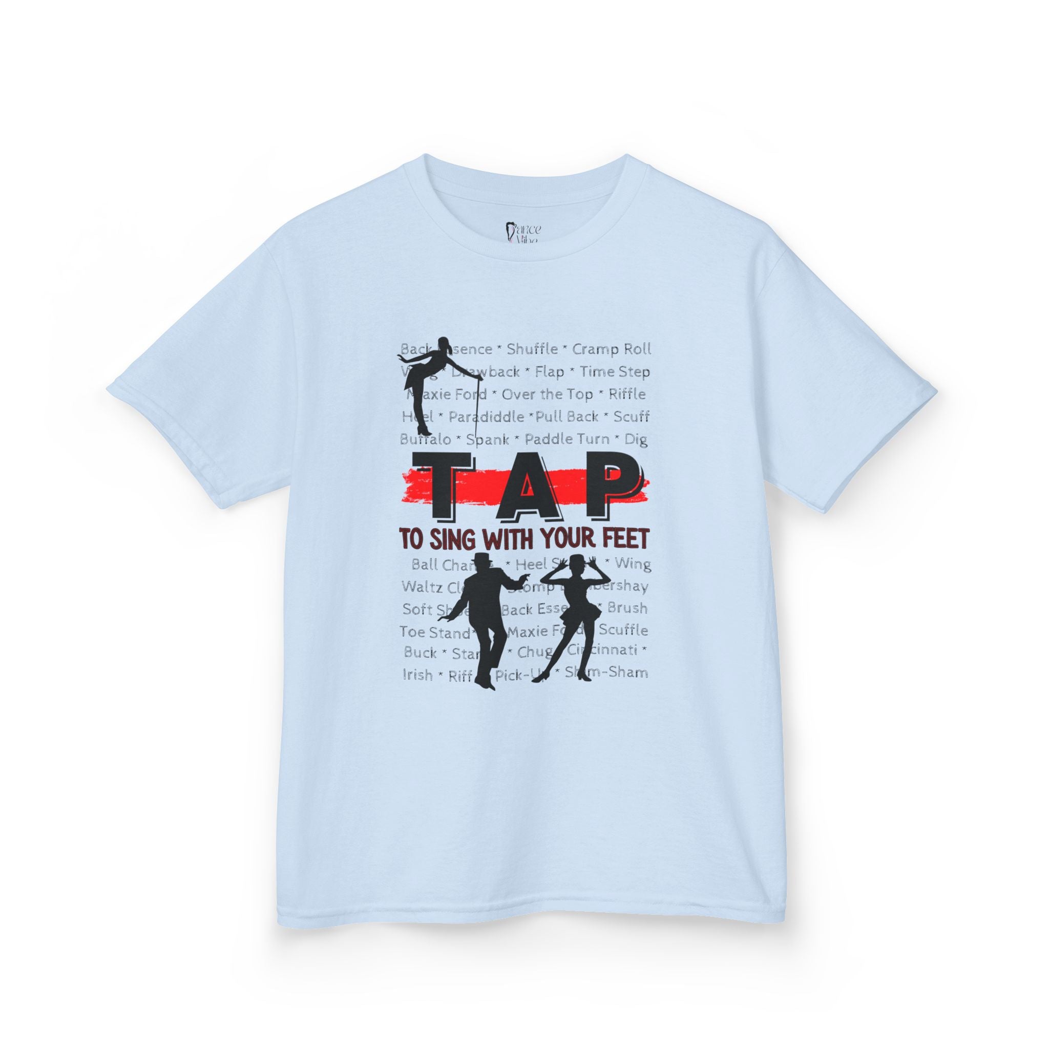 Front view of a youth Gildan 5000B heavy cotton t-shirt in light blue with a Tap text and design