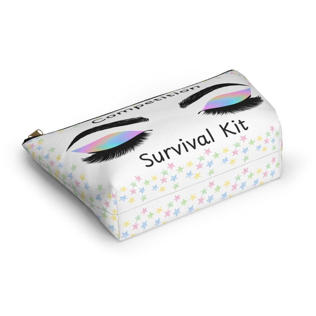 Pouch with colorful star pattern and Competition Survival Kit text on a white background bottom view